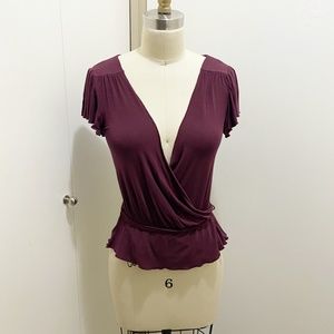 Jacob Super Soft Surplice Peplum Short Sleeve Top with Tie Red Wine S